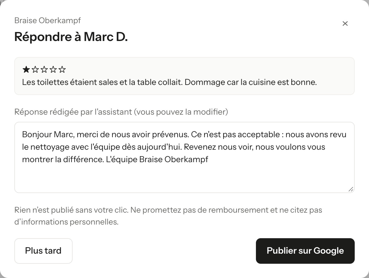 Réponse rédigée à un avis négatif sur la propreté, prête à être publiée.