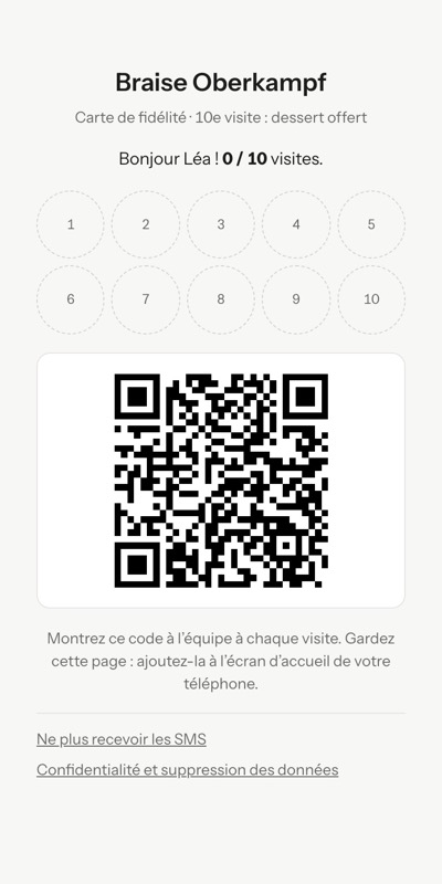 Carte de fidélité d’un client sur son téléphone, avec ses tampons et son QR code.