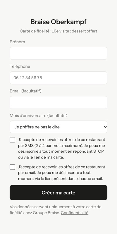 Page d’inscription : prénom, téléphone, mois d’anniversaire et cases d’accord non cochées.