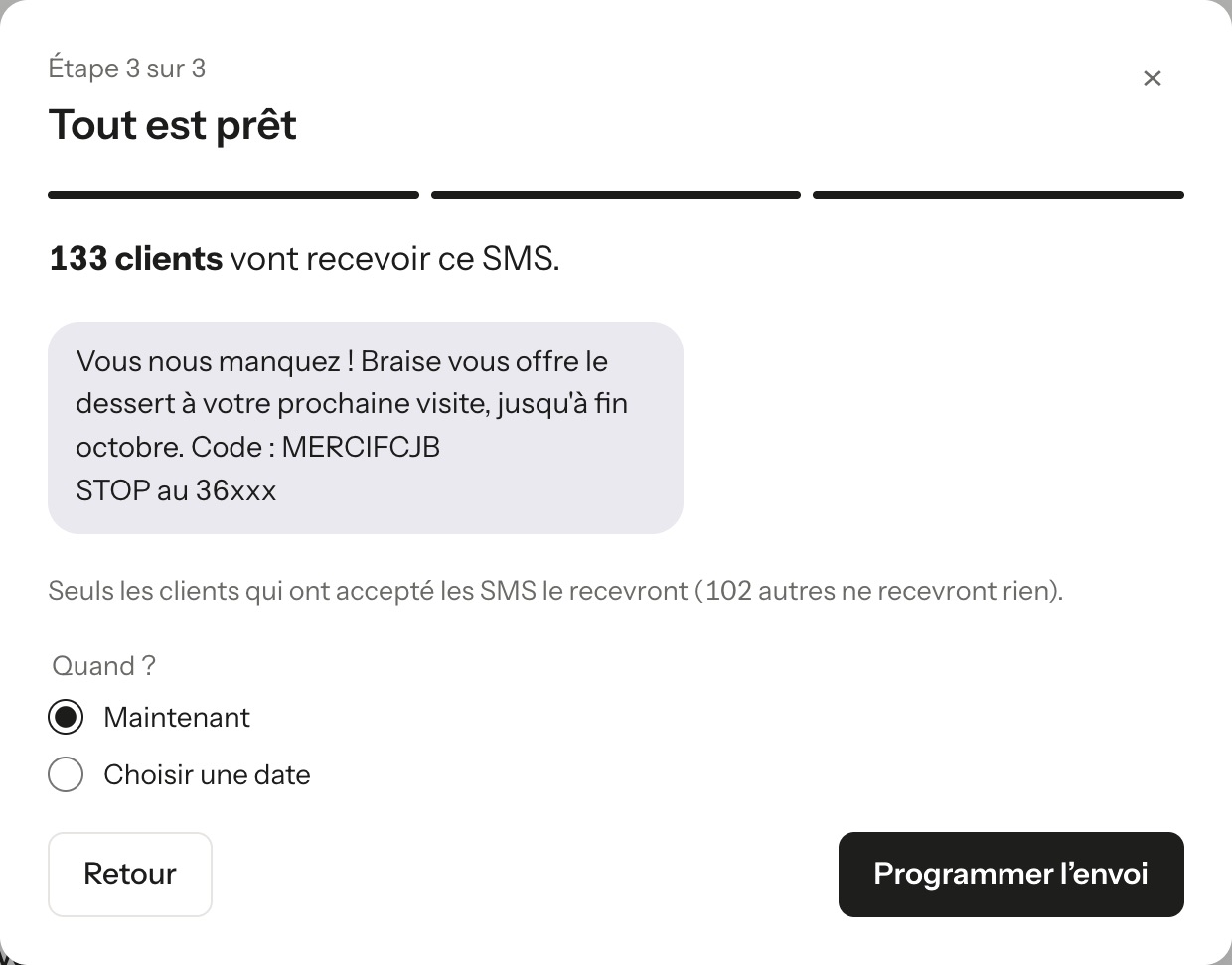 Étape 3 du message : 133 clients vont recevoir ce SMS, aperçu du texte et choix de la date.